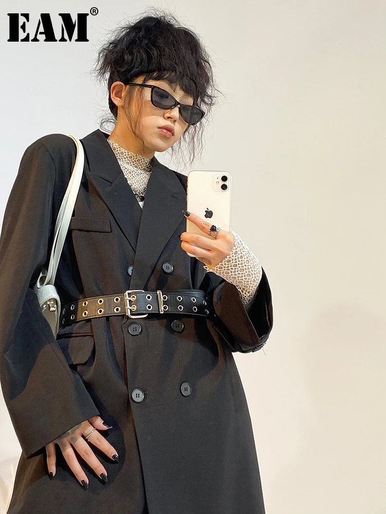 

[EAM] Women Black Double Breasted Big Size Trench New Lapel Long Sleeve Windbreaker Fashion Tide Spring Autumn 2023 1DF0104