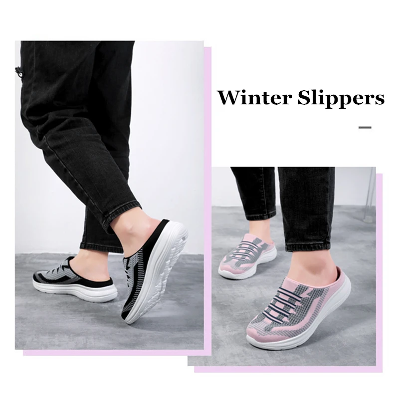 Women Winter Indoor House Slippers Female Mules Breathable Soft Home Half Shoes Fashion Female Casual Flats Shoes Mom