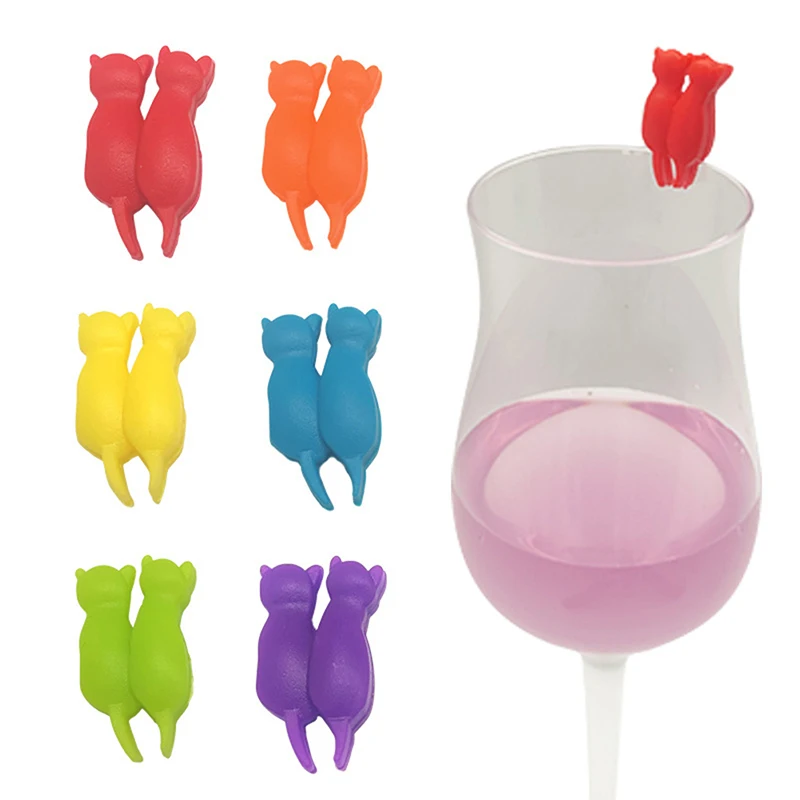 

6/8/12PCS Creative Wine Glass Markers 3D Cat Shape Party Glass Cup Multicolor Silicone Discriminator Kitten Wine Cup Recognizer