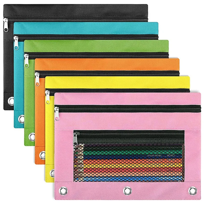 

Pencil Pouch For 3 Ring Binder, Binder Zipper Pouch, Pencil Case With Double Pocket And Mesh Window, 6 Pack 6 Colors
