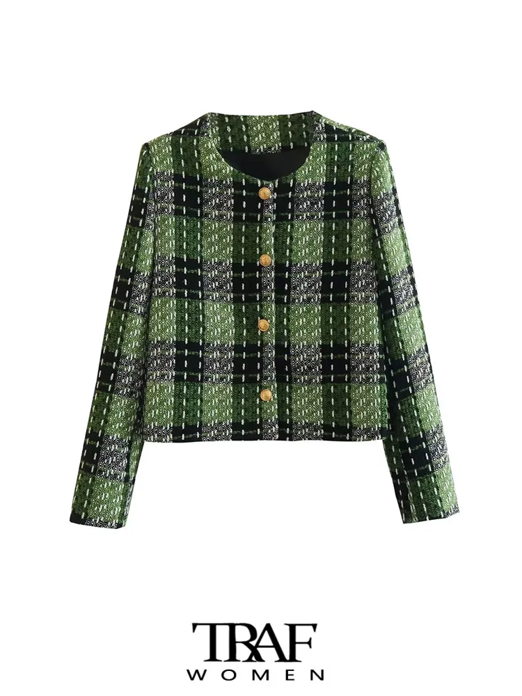 

TRAF Women Fashion Tweed Front Button Cropped Jacket Coat Vintage O Neck Long Sleeve Female Outerwear Chic Tops