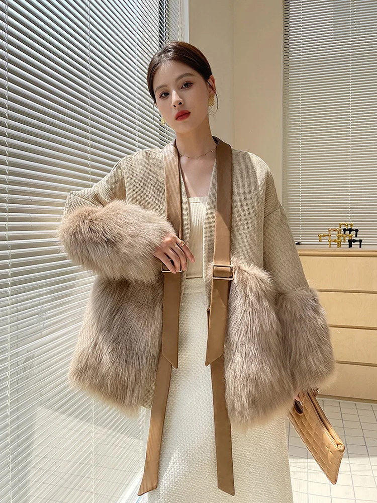New Women Real Fur Coat Autumn Winter Vintage Elegant V-Neck Fox Fur Wool Blended Patchwork Sheepskin Fur Jacket Loose Outerwear