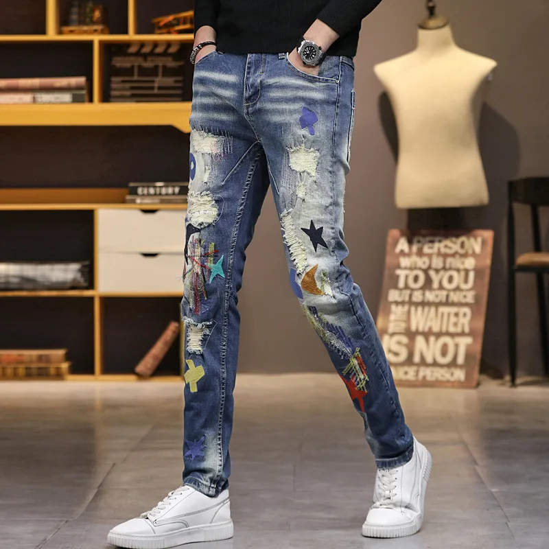Wholesale 2022 Teenager Men's Embroidery Patch Ripped Autumn Jeans Men's Korean Small Feet Slim Casual Pants Beggar Pencil Jeans