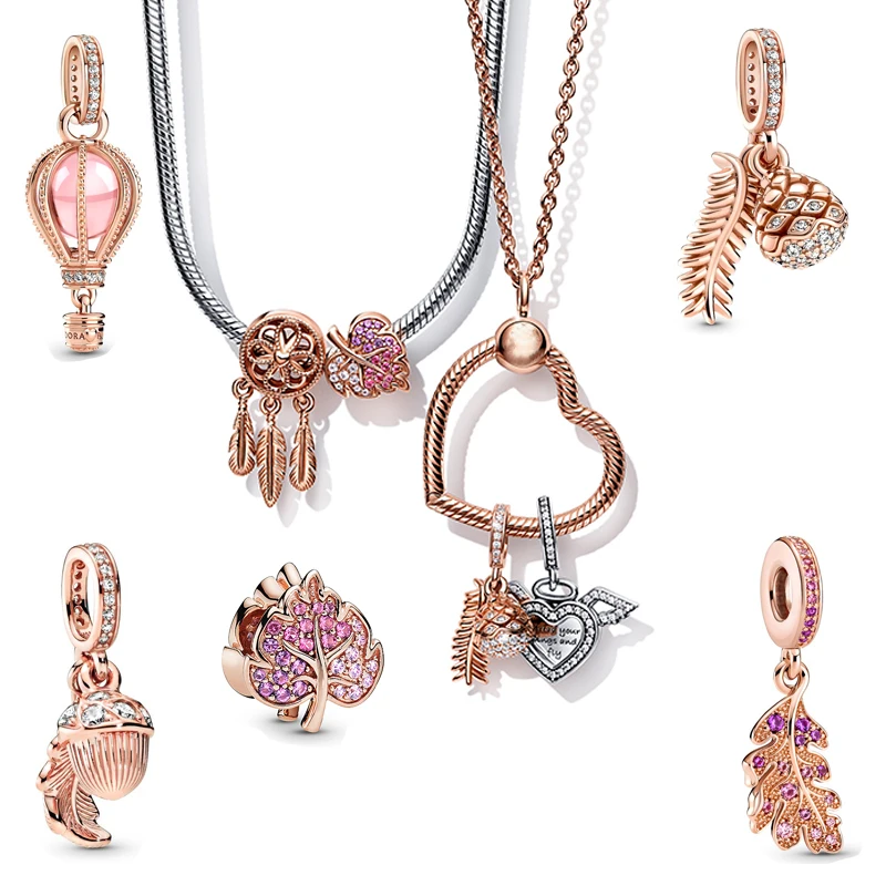 

2021 NEW Rose Gold Heart Necklace Pandora 925 Original Charms DIY Vintage Pendant Conjuntos De Joyas Luxury Jewelry Silver Chain