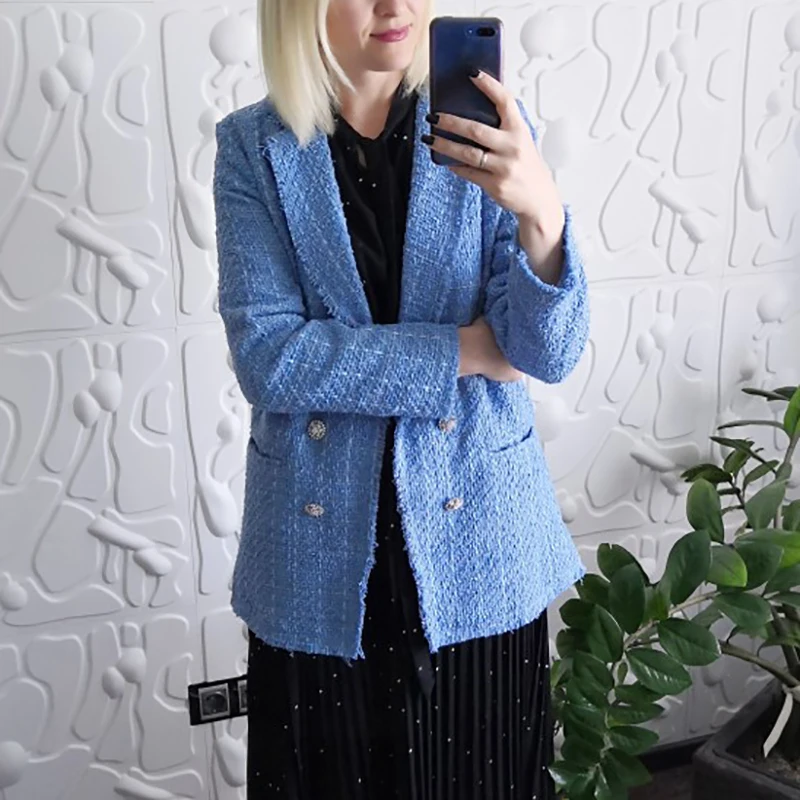 2021 Fashion Solid Loose Blazer Autumn Casual Double Breasted Streetwear Spring Tweed Blue Blazers Jackets Cool Girls Chic Coat