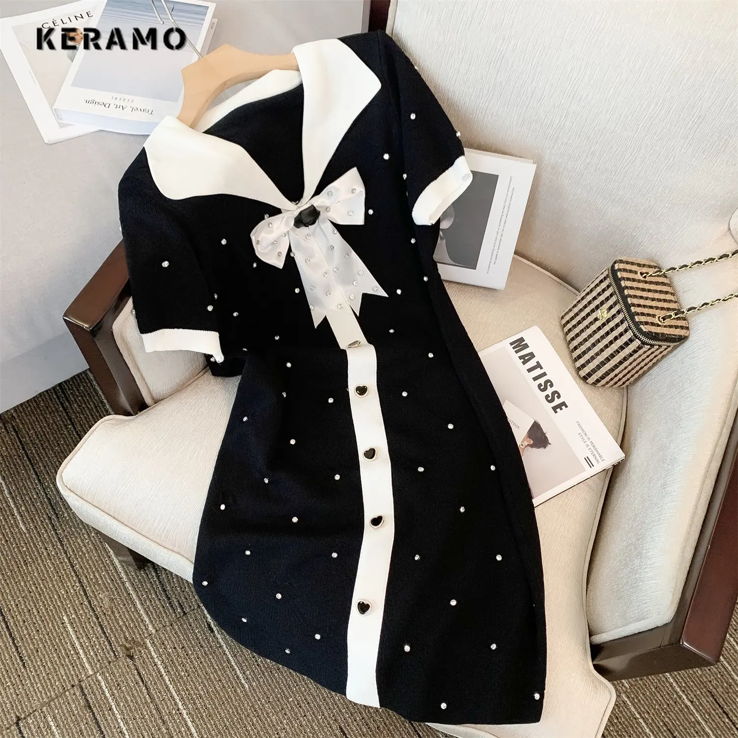 

2023 Summer Vintage Short Sleeve Turn Down Collar Patchwork Dresses Women's Elegant Classic Office Lady Bow Luxury Dress
