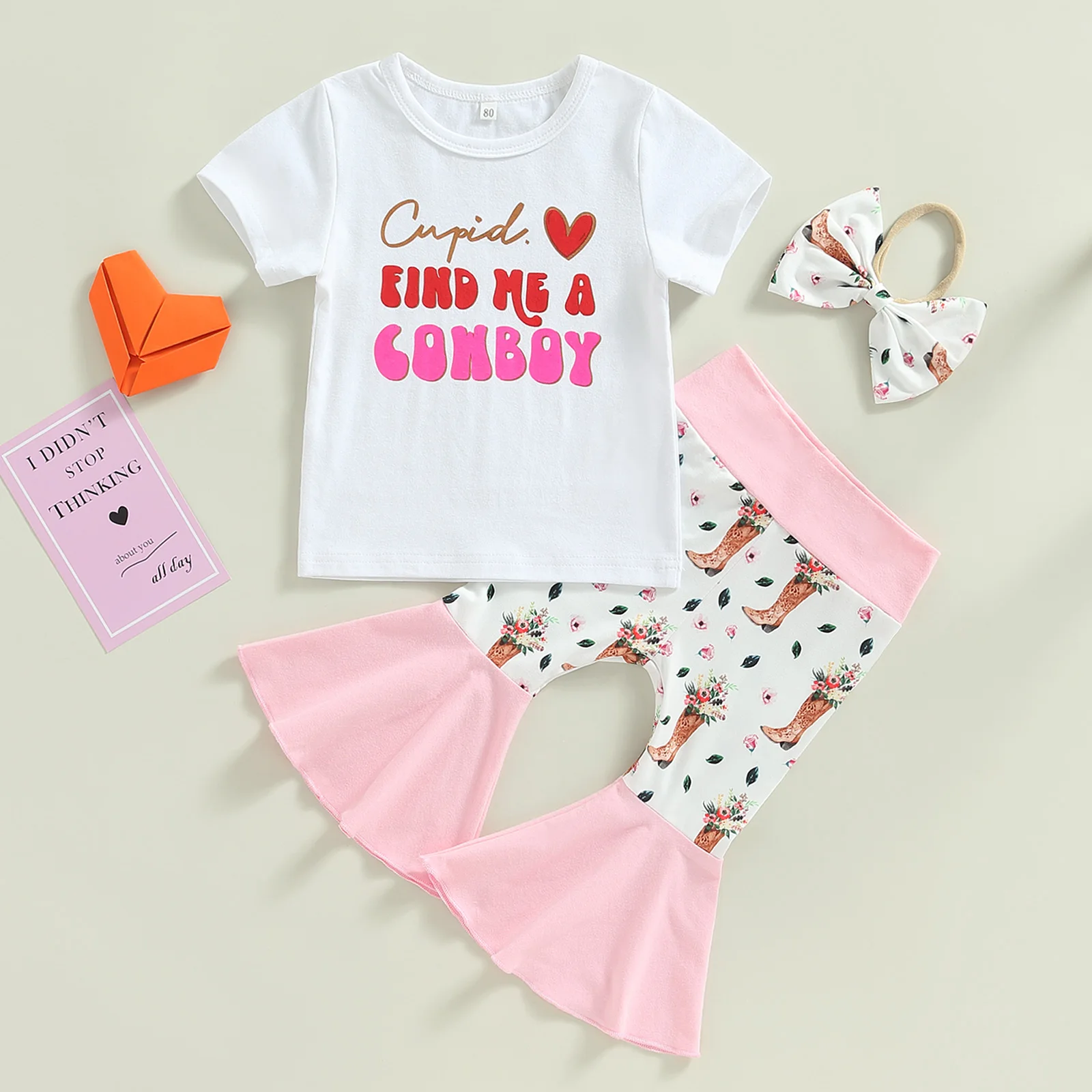 

0-3T Toddler Girls Clothes Short Sleeve Round Neck Short Sleeve Letters Print Tops Bell-Bottoms Pants Casual Headband Outfits