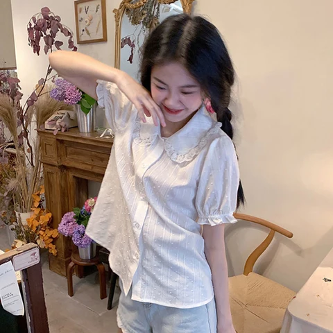 Kawaii White Shirts Women Japanese Lolita Lace Patchwork Blouses Summer Harajuku Preppy Puff Short Sleeve Peter Pan Collar Tops