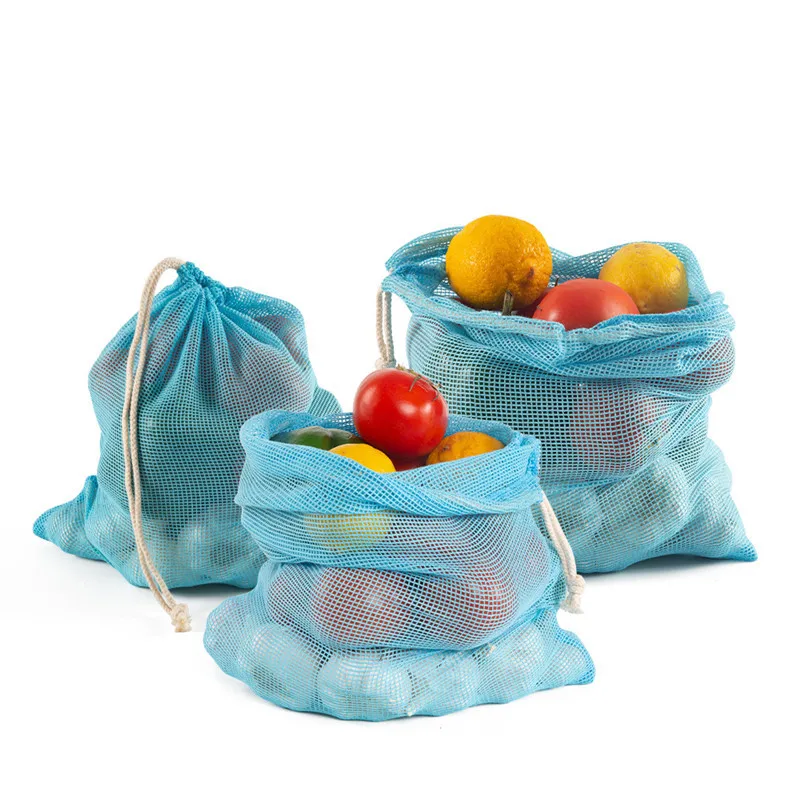 

1Pc Pure Cotton Fruit Blue Color Mesh Bag Dyed Eco-Friendly Use Supermarket Shopping Drawstring Pocket