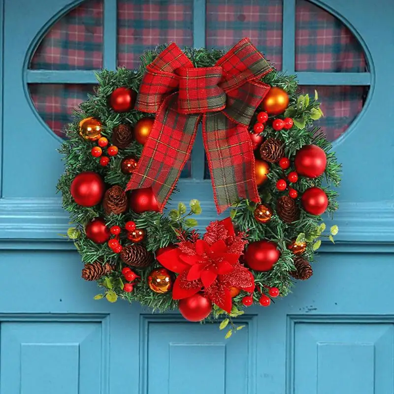 

Christmas Wreath for Front Door Window Door Hanging Garlands Cones Winter Wreaths Holiday Decorations Red Buffalo Plaid Bow