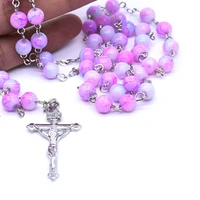 purple gradient religious rosary round beads cross virgin mary fashion pendant necklace for women