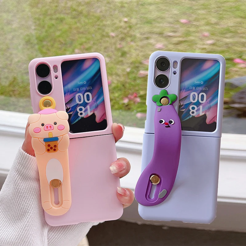 

For Find n2 Luxury Cartoon Waistband Pig Cat Banana 3D Holder Case For OPPO Find n2 Flip Hard PC Protection Cute Strap IMD Cover