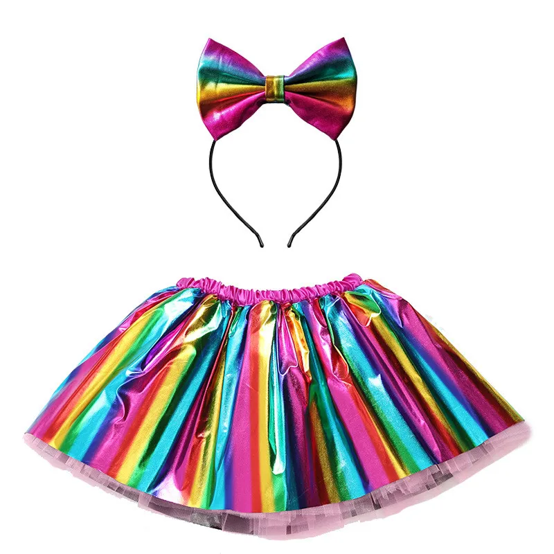 

Princess Kids Rainbow Skirts Bronzing Girls Short Skirt Plus Lining Performance Dance tutu Skirt to send Large Bow Headdress