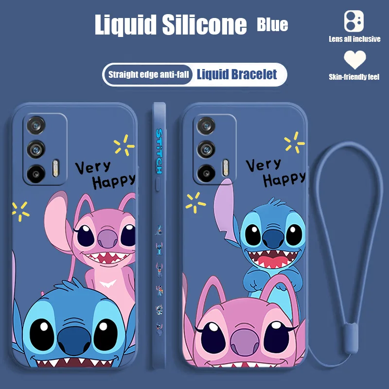 

Stitch Cute Anime For Realme Narzo 50A 50i 30 10 V23 Q5i Q5 GT2 GT Neo 3T C21Y XT X2 Pro Liquid Left Rope Funda Cover