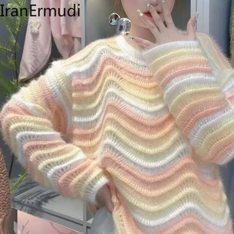 

IranErmudi Striped Women Knitted Sweater Lady Autumn Winter Fashion Sweet Pullovers Casual Loose Thick Warm Jumpers Chic Tops