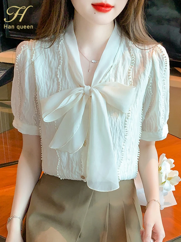 

H Han Queen 2023 Summer Blusas Vintage Tops Simple Elegant Chic Chiffon Blouse Women's Loose Fashion Lace-Up Bow Casual Shirts