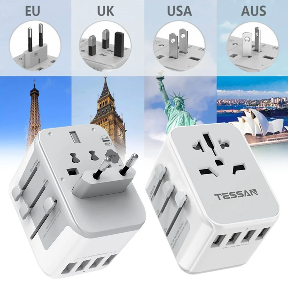 

Универсальный дорожный адаптер TESSAN, универсальное зарядное устройство «Все в одном» с USB-портами, настенное мини-зарядное устройство для путешествий по стандартам США, ЕС, Великобритании
