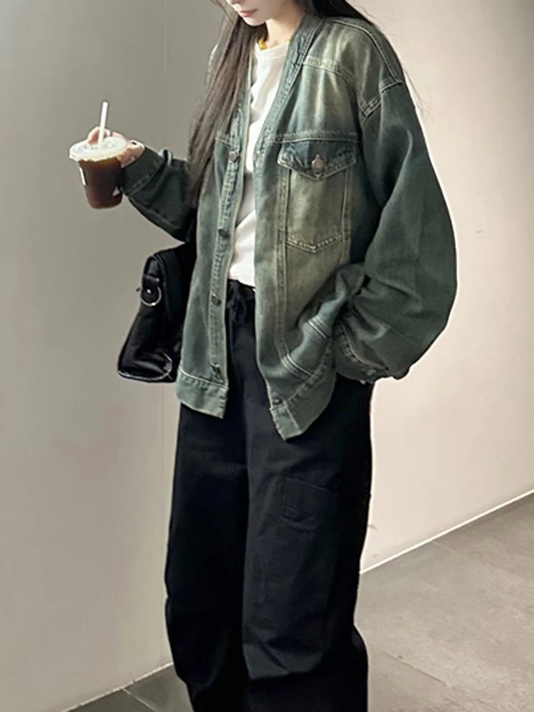 Голубая джинсовая куртка в стиле ретро без воротника женское свободное