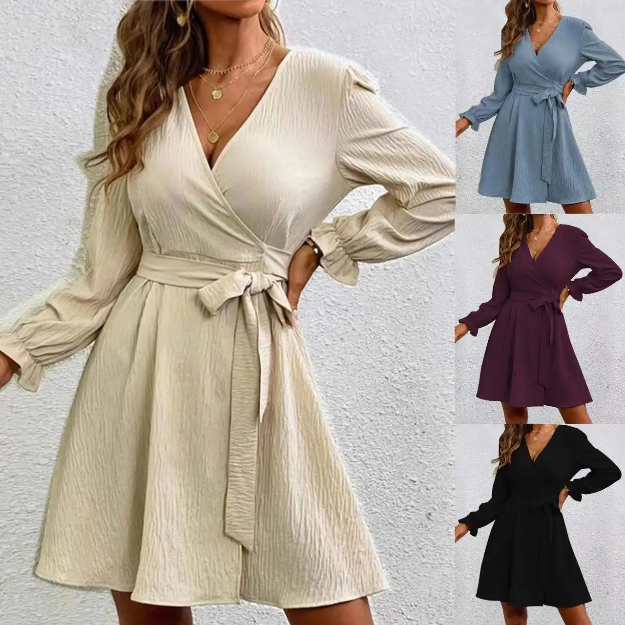 

Elegant Women's Clothing Autumn New Bandage Elastic Pleated Lantern Long Sleeve Fashion V-Neck Solid Color Loose Midi Dresses