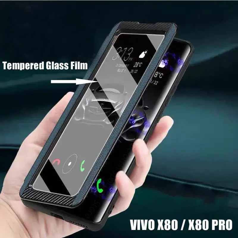 

Fundas For vivo X80 Pro Tempered Glass Film Flip Leather Case For VIVO X80 X70 X60 Pro Plus View Windows Stand Protective Cover