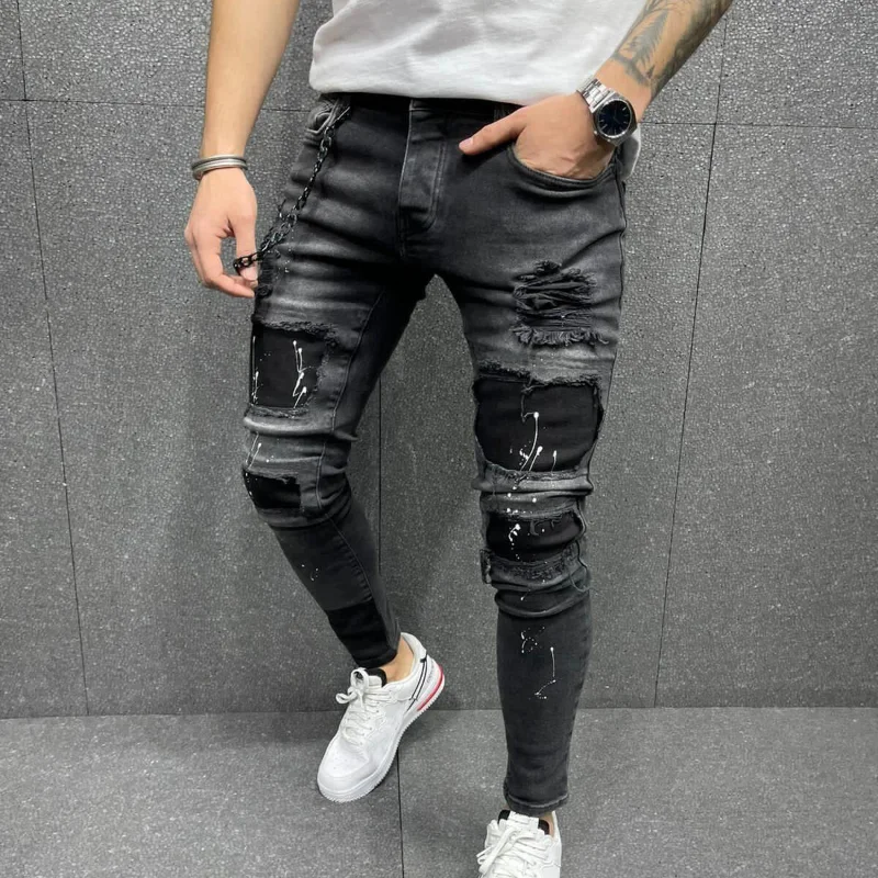 DEEPTOWN Ripped Distressed Jeans Men Hole Washed Denim Pants Skinny Casual Trousers Male Punk Streetwear Korean Fashion Black