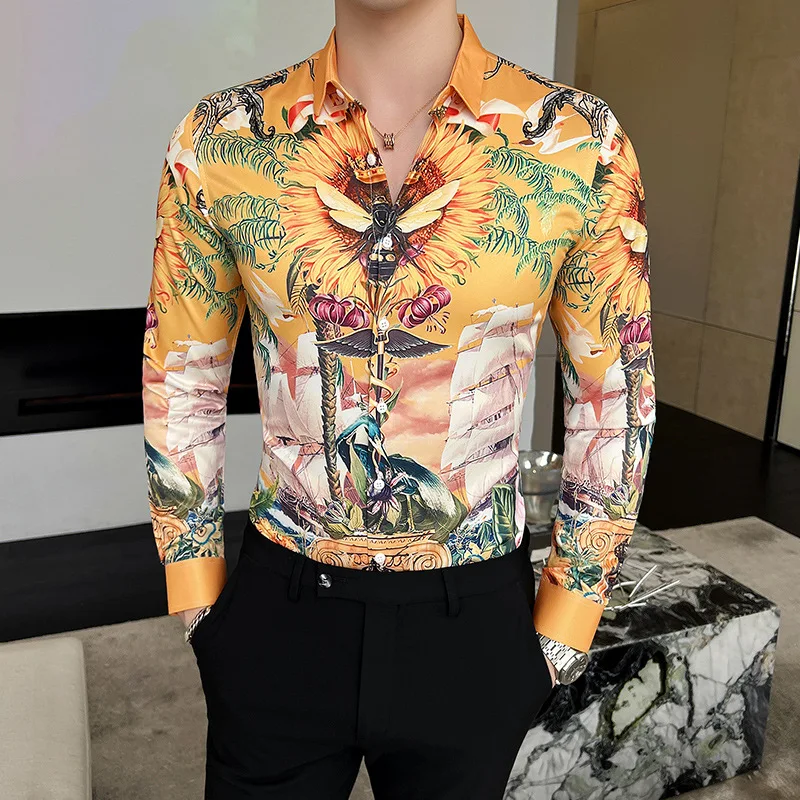 

England Style Fashion Personality Print Men's Slim Fit Long Sleeve Shirts Luxury Insect Digital Shirt Men NightClub Party Blouse