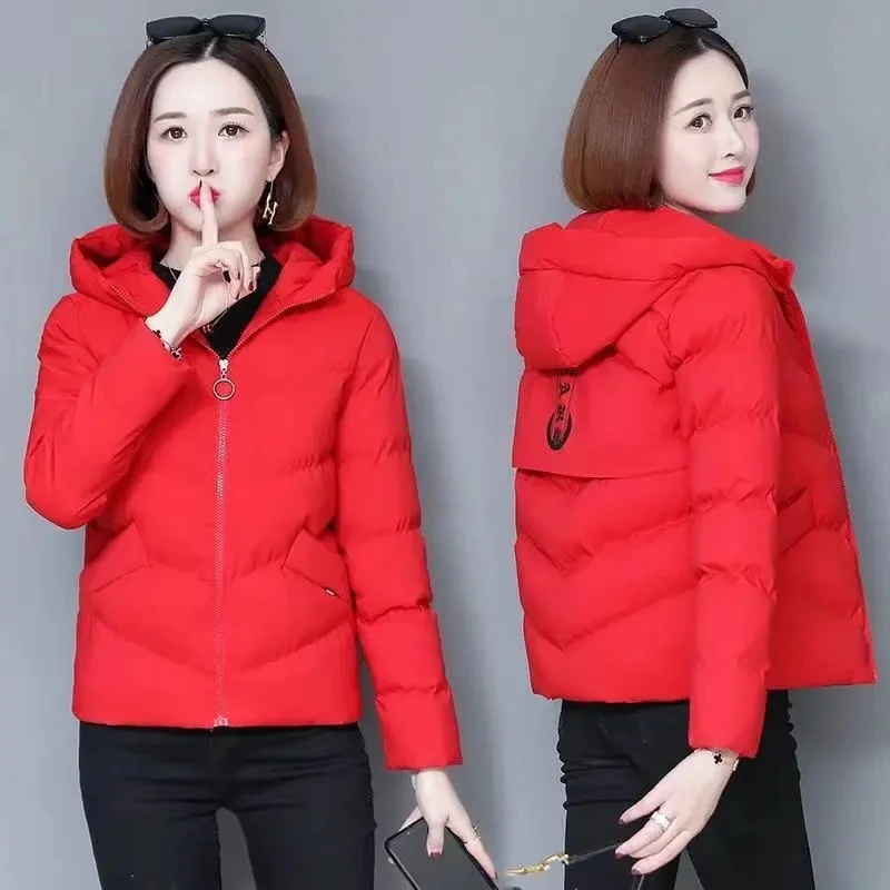 Down Cotton Jacket Women 2022 Winter New Korean Slim Fashion Casual All-match Parkas Female Hooded Print Short Padded Coat