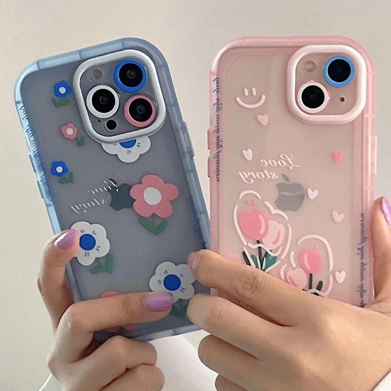 

Cute Cartoon Rose Flowers Clear Phone Case For iPhone 13 Pro Max 12 11 X XS XR 7 8 Plus Couple Transparent Soft Shockproof Cover