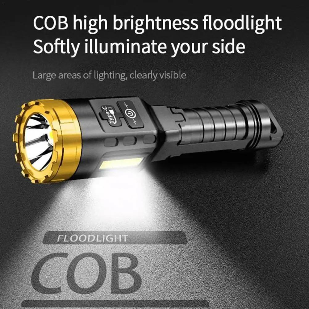 

Super Bright Rechargeable LED Flashlight With COB Side Light 4 Lighting Modes Portable Lantern Used For Camping, Hiking, Etc.