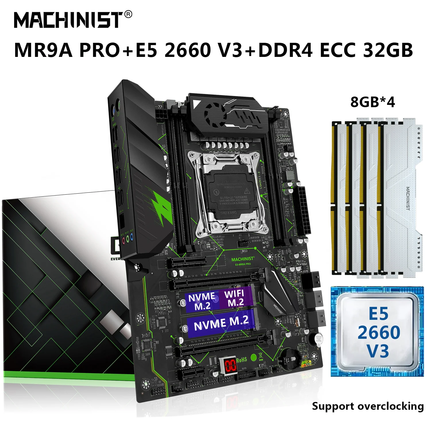

MACHINIST E5 MR9A PRO Материнская плата LGA 2011-3 комплект с процессором Xeon E5 2660 V3 32 ГБ = 4*8 ГБ DDR4 RAM комбинированный четырехканальный NVME M.2