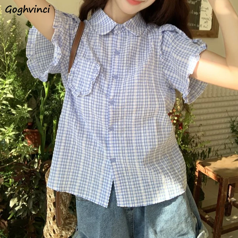 Рубашка женская в клетку милый свободный клетчатый топ с короткими рукавами и