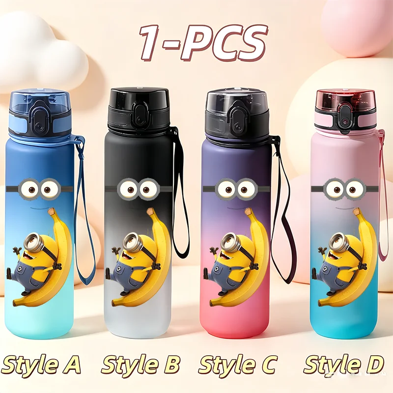 Фото Детская бутылка для воды Cute Banana Minions, 650 мл, матовая, с градиентным эффектом, герметичная, с ремешком для переноски, портативная, для улицы №3