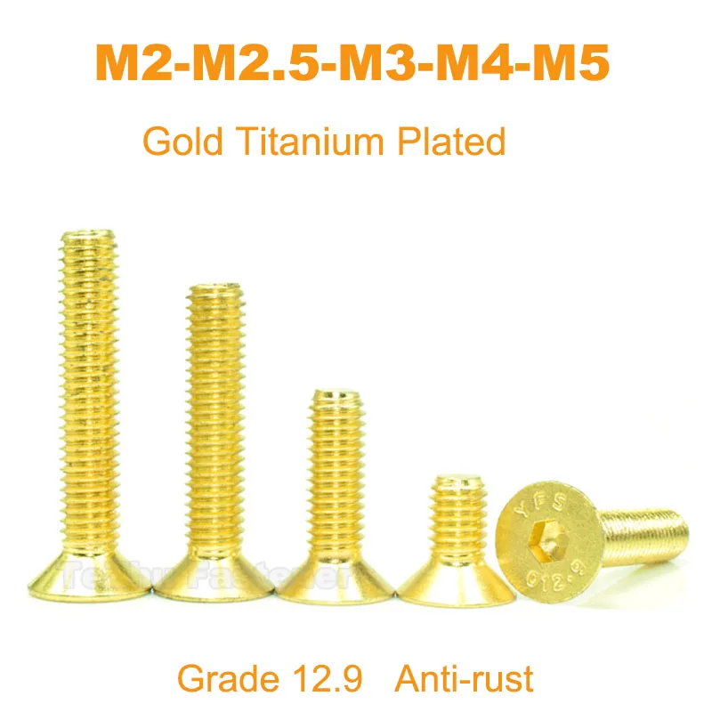 

M2 M2.5 M3 M4 M5, легированная сталь, шестигранная розетка, плоская, с потайной резьбой, золотое, титановое покрытие, ПК, болт с головкой, мотоциклет...