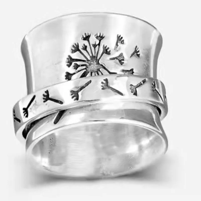 

Vintage Carved Dandelion Rotatable Decompression Ring Jewelry