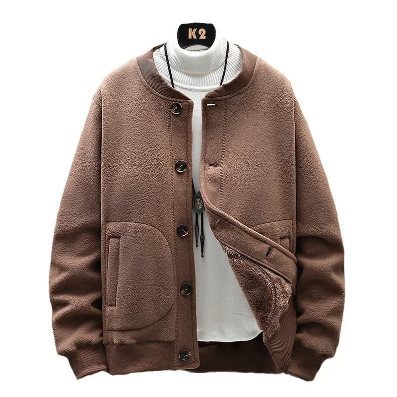 Wholesale Men's Fleece-Lined and Thickened Round Neck Cardigan Sweatshirt Autumn Winter Fleece Jacket Casual Loose Top Outerwear