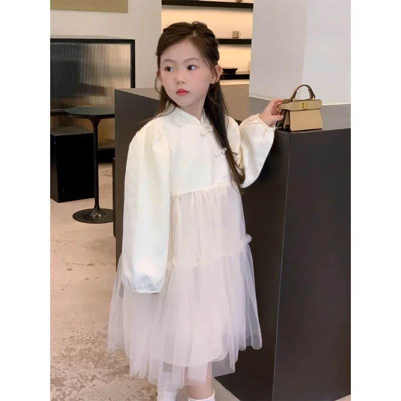 

Girls Dress 2023 New Fashionable Spring Autumn Solid Color Chinese Style Girls Casual Simple Princess Sweet Long Sleeve Dress