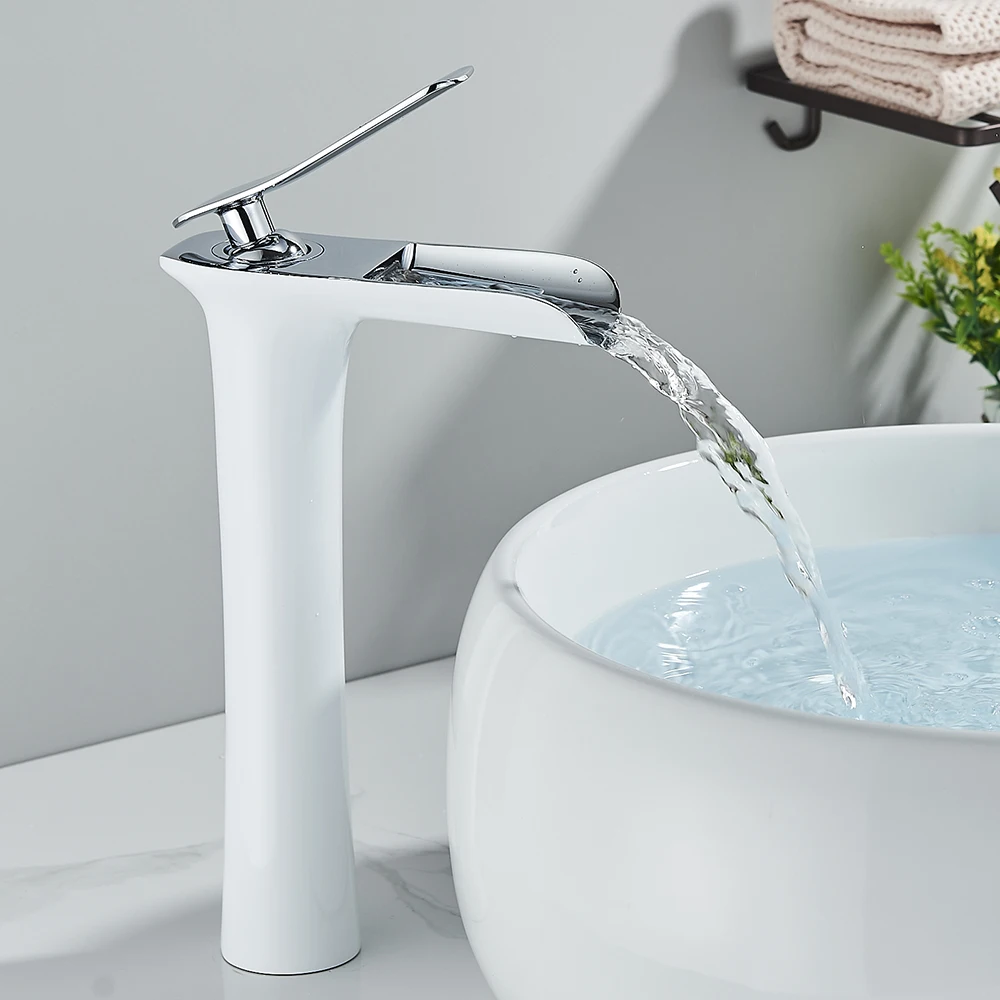 

White Chrome Bathroom Basin Faucet Deck Mounted Waterfall Spout for Vessel Sink Hot and Cold Water Tap Crane for Bath