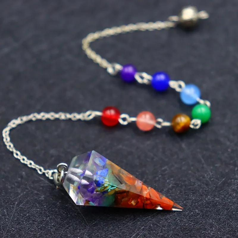 

New Arrive 7 Chakras Natural Crystal Gravel Resin Hexagonal Cone Pendant Colorful Hexagonal Column Pendulum Necklace Accessories