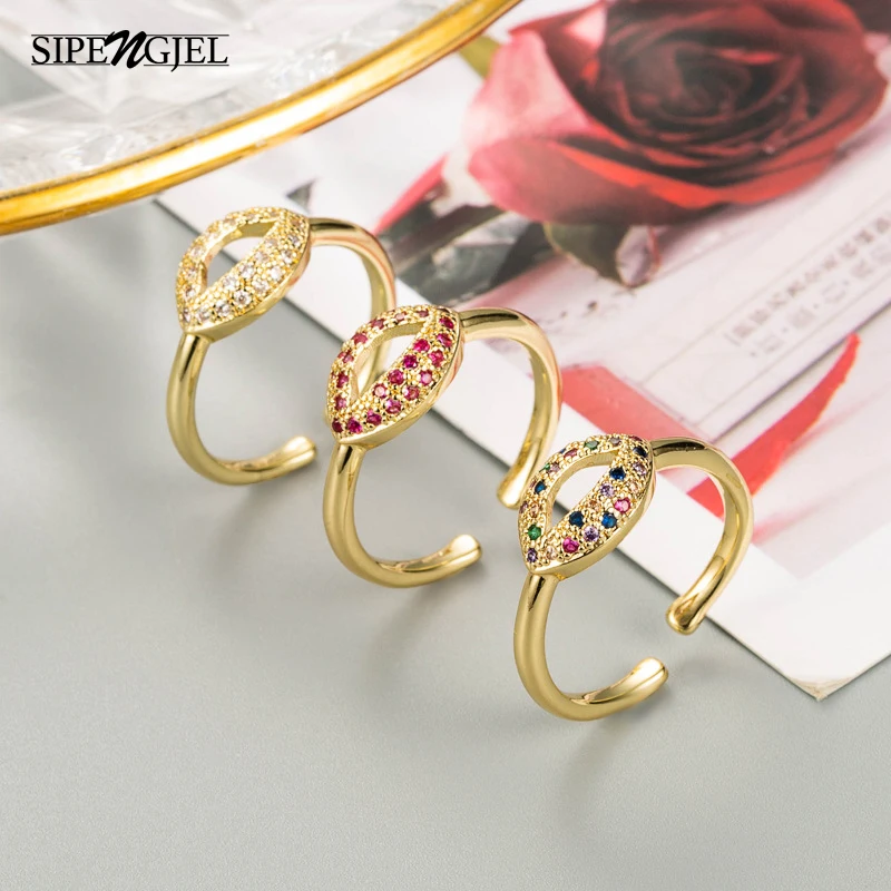 

SIPENGJEL Fashion Gold Color Metal Multicolor Zircon Lips Open Ring Punk Vintage Adjustable Ring for Women Party Jewelry Gift