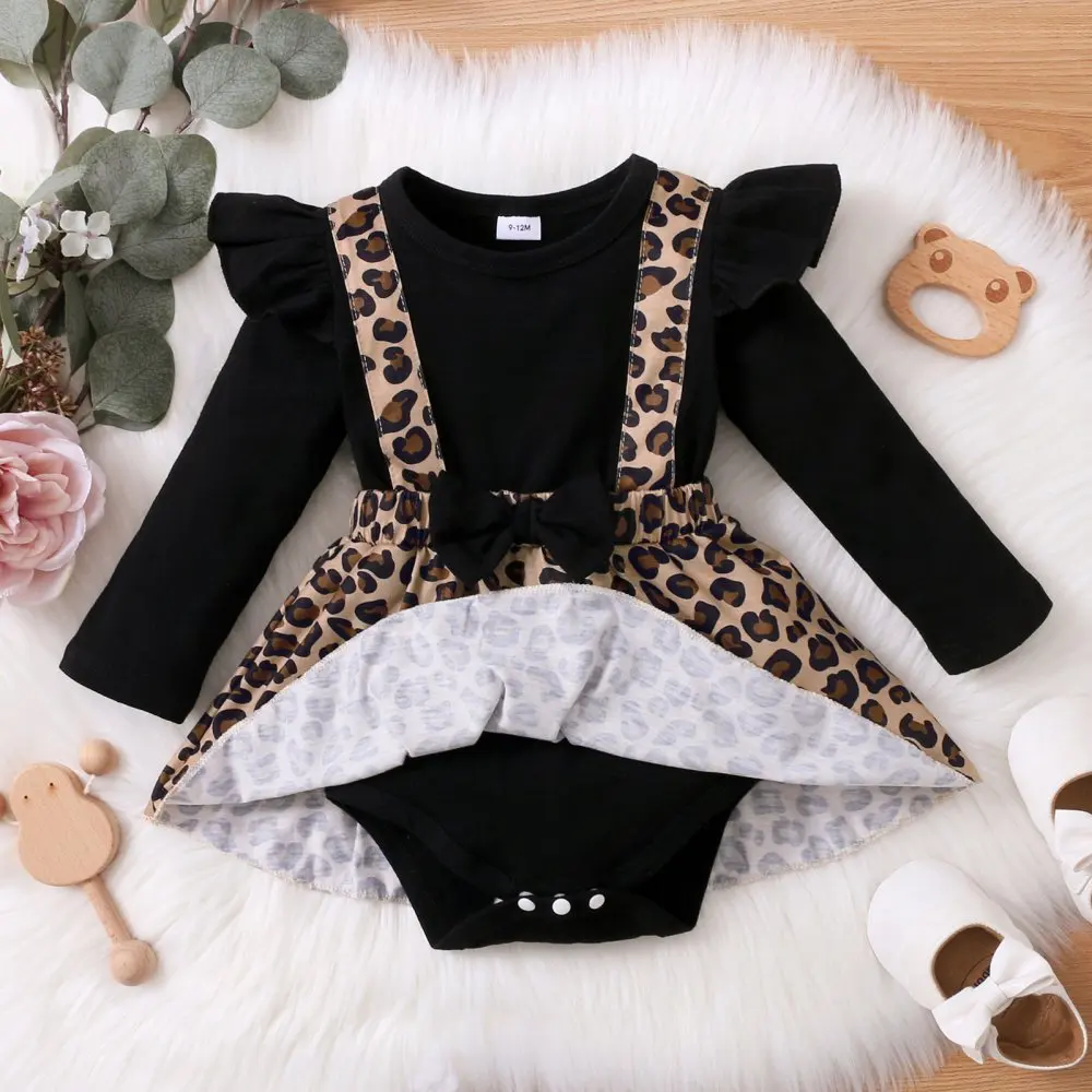 Baywell 2Pcs Autumn Baby Girls Clothes Solid Color Long Sleeve Romper + Leopard Print Strap Skirt Fashion Infant Girl Clothing
