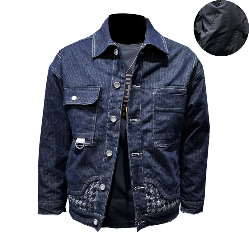 2022 Winter New High Quality Men's Stitching Single Breasted Lapel Slim Slim Long Sleeve Men's Denim Jacket Parka