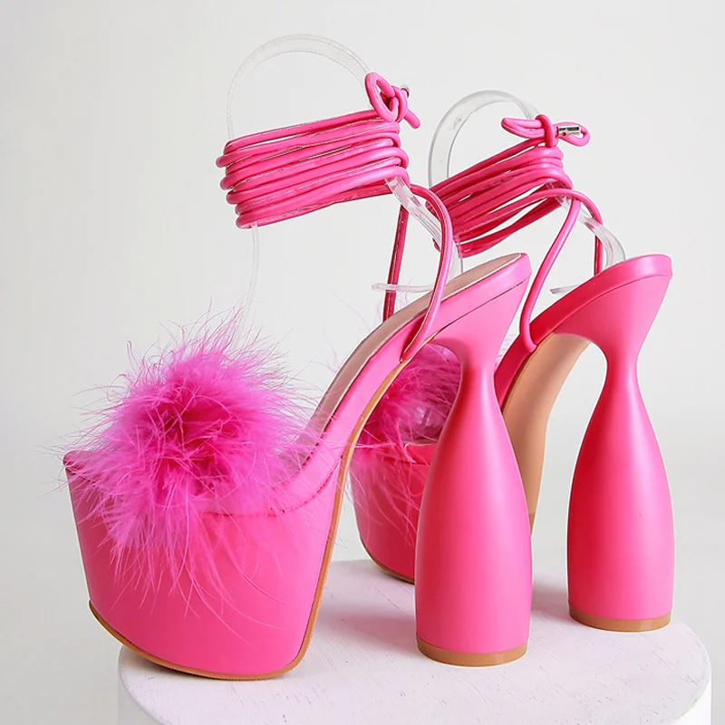 

Summer Extrem High Heels Pumps Open Toe Lace-Up Pole Dance Shoes Fluffy Fur Women Platform Chunky Sandals Fashion Runway Strange