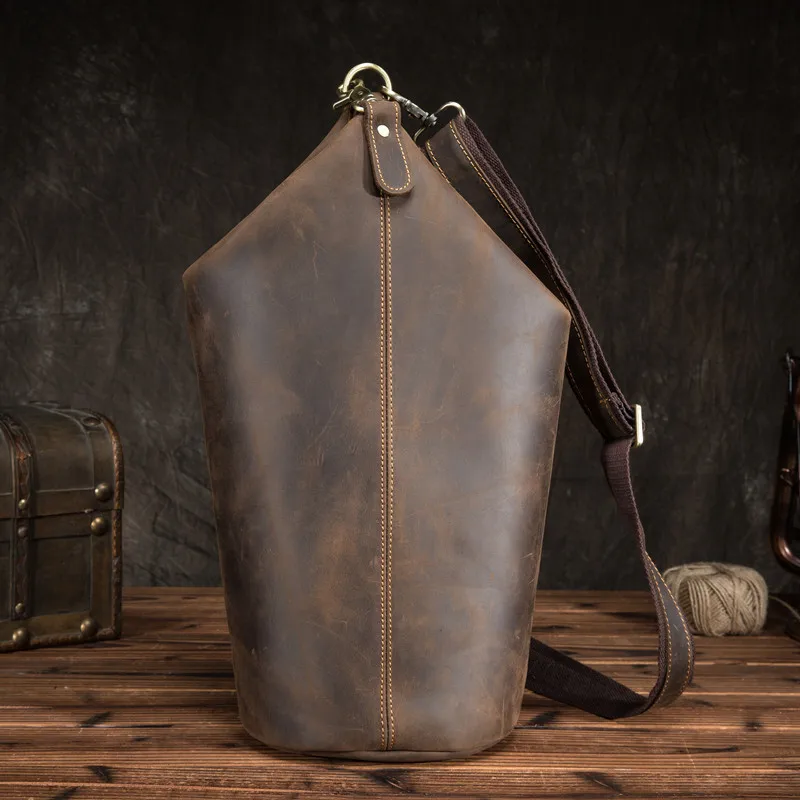 Retro fashion cazy horse cowhide men coffee bucket bag Outdoor leisure teen daily work weekend  party shoulder crossbody bag