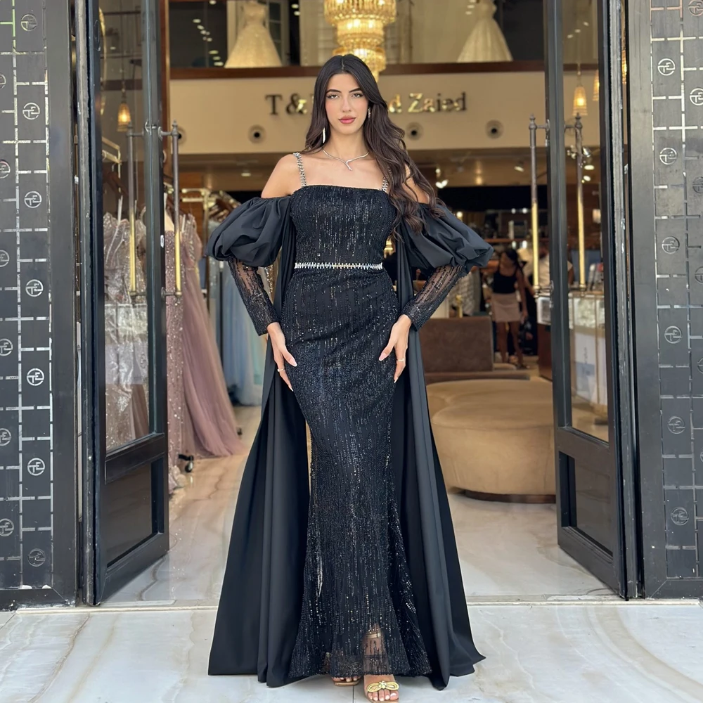 

Black Spaghetti Strap Mermaid Evening Dresses Off Shoulder Prom Dress Sequined Party Gowns Floor Length 2024 فساتين السهرة