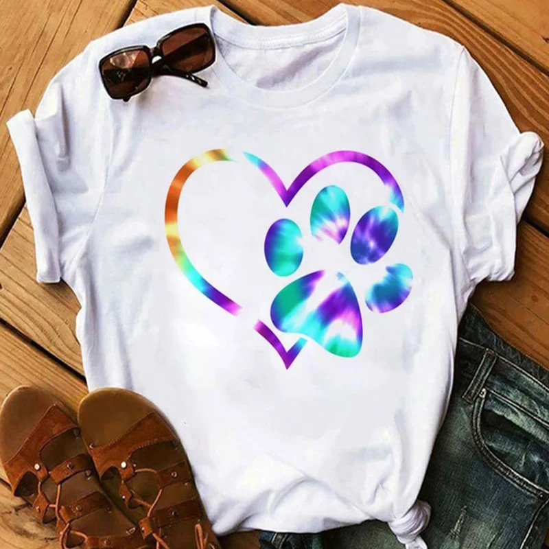 

New Plus Size Love Cat Paw Print Short-sleeved Women's T-shirt O-neck Short-sleeved Top Casual Loose Wild Fashion Lady T-shirt