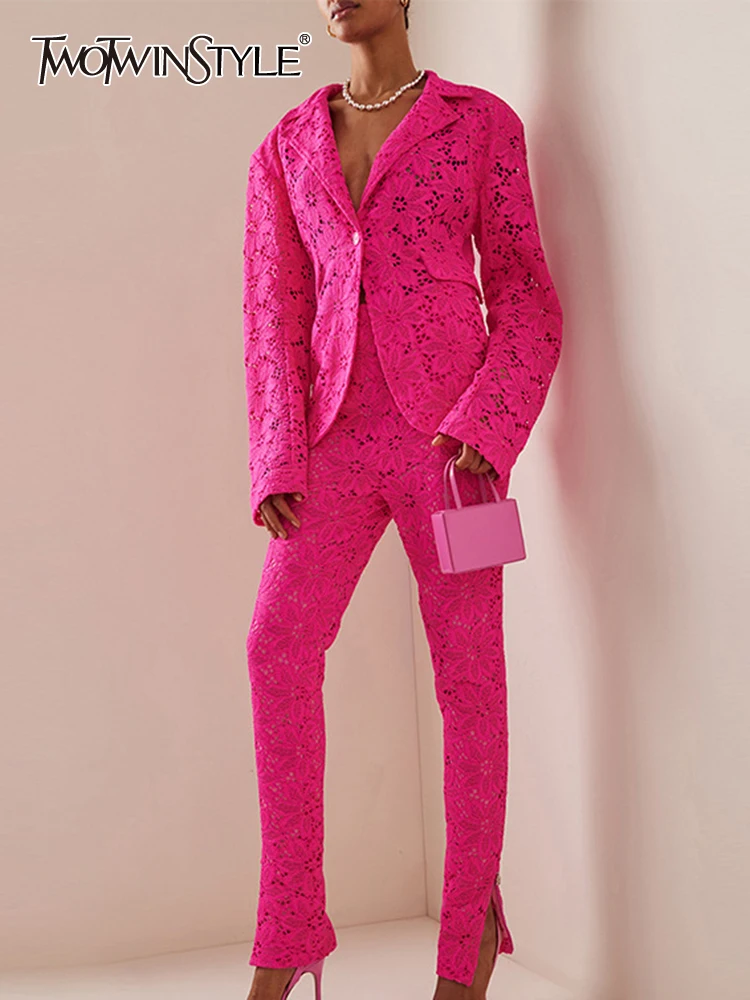 

TWOTWINSTYLE Lace Hollow Out Two Piece Sets For Women Notched Collar Long Sleeve Blazer Tunic Pencil Pants Solid Chic Set Female