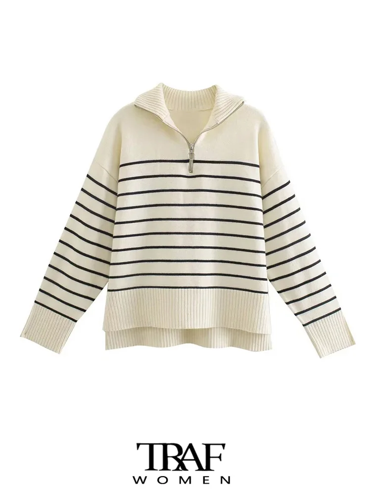 

TRAF Women Fashion Loose Striped Asymmetry Knitted Sweaters Vintage Long Sleeve Zip-up Female Pullovers Chic Tops