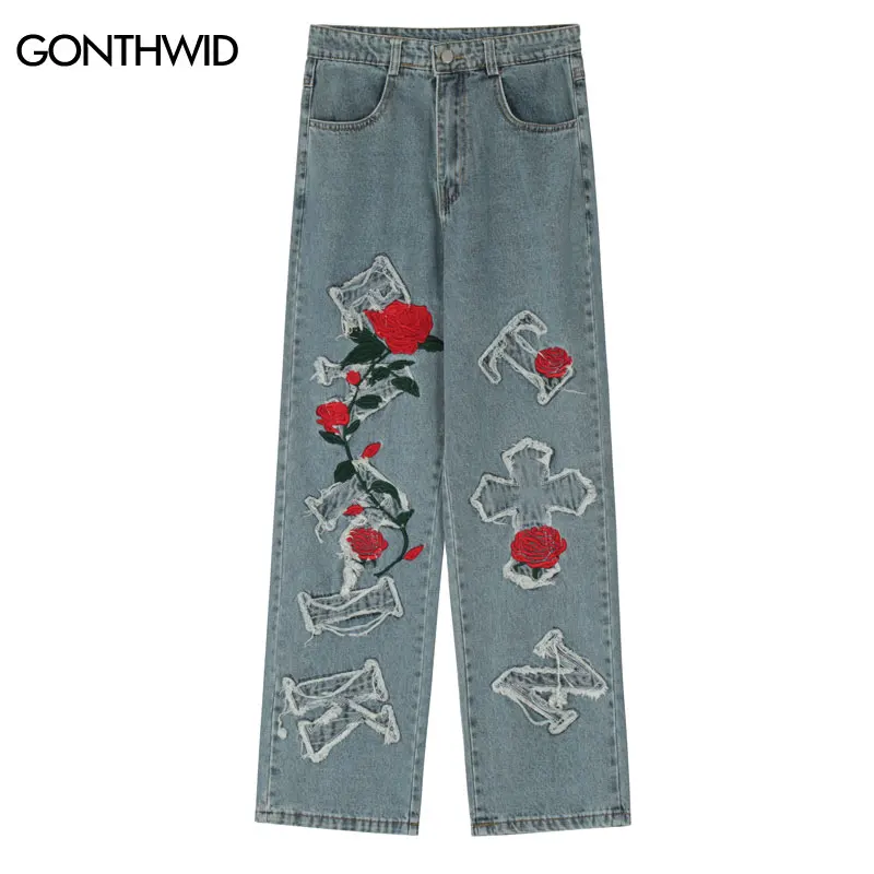

Men Jeans Streetwear Hip Hop Embroidery Cross Patch Rose Letter Straight Baggy Denim Pants 2022 Harajuku Casual Loose Trousers