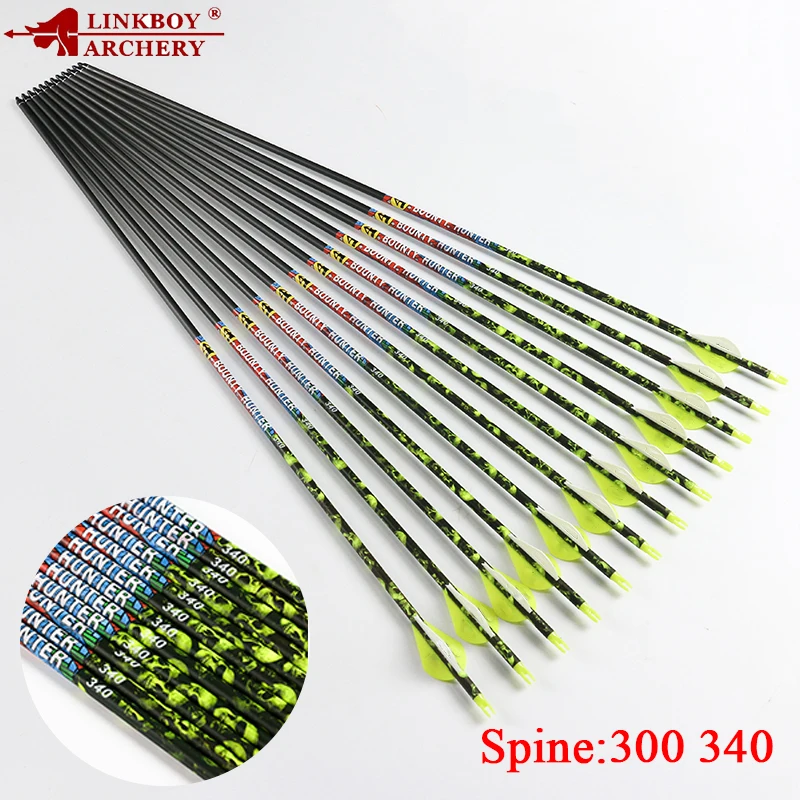 

12pcs Linkboy Archery Pure Carbon Arrows Spine 300 340 500 2inch Plastic Vanes 75gr Tips for Compound Bow Hunting