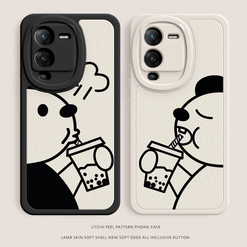 Lambskin Texture Pattern Cover for VIVO S15 S12 S10 S9 S7 S1 Pro S15E S10E S9E S7E S7T S6 S5 5G Panda Drink Bubble Tea Soft Case